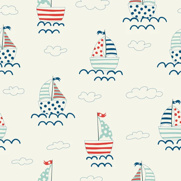 Vector color seamless repeating childish simple pattern with cute ships in Scandinavian style. Childrens pattern with ships. Sea print — Vetor de Stock
