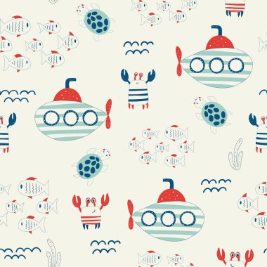 Vektör el, İskandinav tarzında yengeç ve denizaltılarla basit düz desenleri tekrarlayan renkli çocuksu bir şekil çizdi. Sevimli bebek hayvanlar. Yengeçli çocuklar için desen