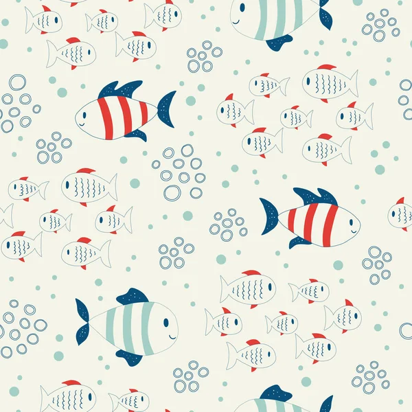 Vector hand drawn colored childish seamless repeating simple flat pattern with fishes in scandinavian style. Cute baby animals. Sea. Ocean