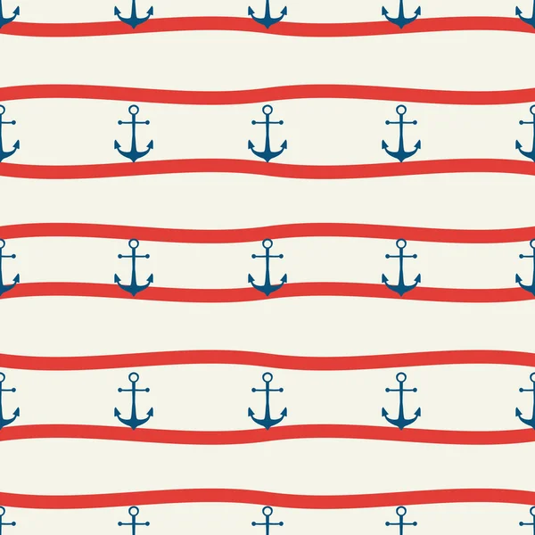 Vector hand drawn colored childish seamless repeat simple flat pattern with anchor and wawe . Pattern for children. Sea ocean — Archivo Imágenes Vectoriales