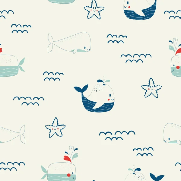 Vector hand drawn colored childish seamless repeating simple flat pattern with whales and starfish in scandinavian style. Cute baby animals. Pattern for children with whales — Stock Vector