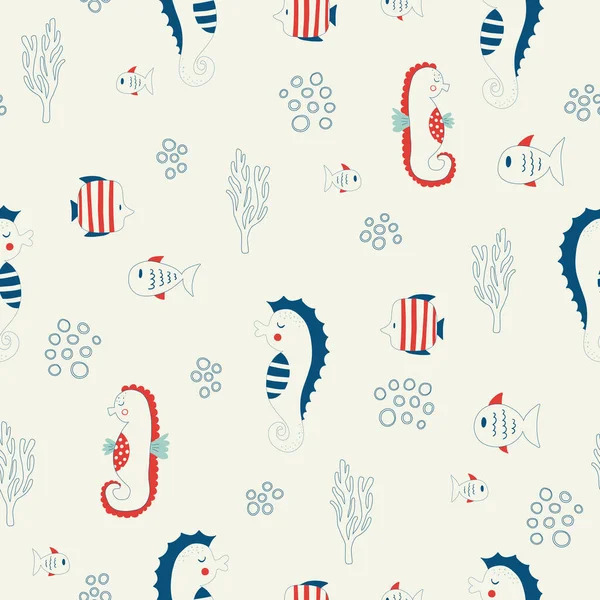 Vector hand drawn colored childish seamless repeating simple flat pattern with seahorses and fishes in scandinavian style. Cute baby animals. Pattern for children with sea animals — Image vectorielle