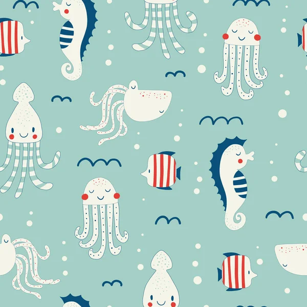 Vector hand drawn colored childish seamless repeating simple flat pattern with seahorses, fishes and octopuses in scandinavian style. Cute baby animals. Pattern for children with sea animals — Stock Vector
