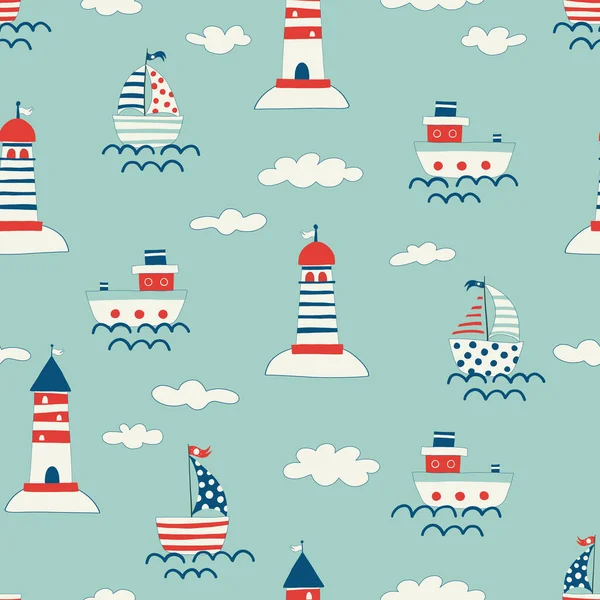 Nautical seamless pattern with lighthouse, steamship and yachts. Background with towers for marine navigation. illustration for wrapping paper, fabric print, wallpaper. Sea. Ocean. — Stock Vector