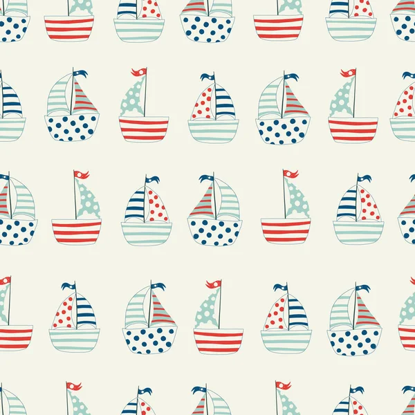 Vector color seamless repeating childish simple pattern with cute ships in Scandinavian style. Childrens pattern with ships. Sea print — Archivo Imágenes Vectoriales