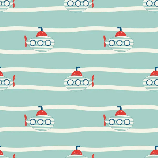 Vector hand drawn colored childish seamless repeat simple flat pattern with submarines in scandinavian style. Cute baby print. Pattern for children — Archivo Imágenes Vectoriales