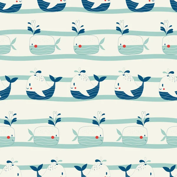 Vector hand drawn colored childish seamless repeating simple flat pattern with whales in scandinavian style. Cute baby animals. Pattern for children with whales — Archivo Imágenes Vectoriales
