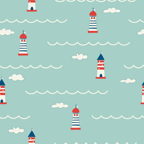 Seamless pattern with different lighthouses drawn with contour lines. Background with towers for marine navigation. illustration for wrapping paper, fabric print, wallpaper. Sea. Ocean — Stock Vector