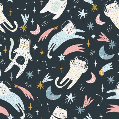 Uzayda kedi astronotlarla kusursuz çocuksu bir düzen. Renkli İskandinav tarzı. Kumaş, ambalaj, tekstil, duvar kağıdı ve giysiler için yaratıcı İskandinav bebek dokusu. Vektör illüstrasyonu