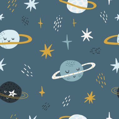 Komik gezegen karakterleri olan kusursuz çocuksu bir model. Kumaş, giyim, tekstil, duvar kâğıdı için modaya uygun uzay dokusu. Sevimli çocukların baskısı. Vektör illüstrasyonu.