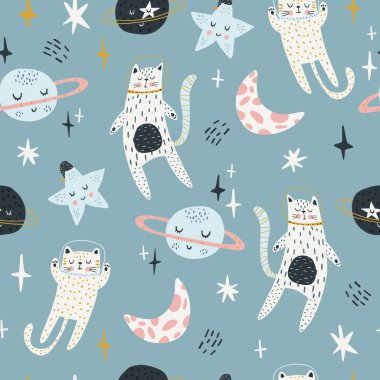 Uzayda kedi astronotlarla kusursuz çocuksu bir düzen. Renkli İskandinav tarzı. Kumaş, ambalaj, tekstil, duvar kağıdı ve giysiler için yaratıcı İskandinav bebek dokusu. Vektör illüstrasyonu