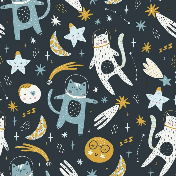 Παιδιάστικο Μοτίβο Χωρίς Ραφή Αστροναύτες Γάτας Στο Διάστημα Μοντέρνο Πολύχρωμο — Διανυσματικό Αρχείο