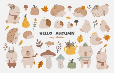 Sonbahar seti, sonbahar klip sanatı, yapraklı, balkabaklı, sevimli hayvanlar, mantarlar ve diğerleri olan tasarım elementleri koleksiyonu. El çizimi çocuksu vektör illüstrasyonu.
