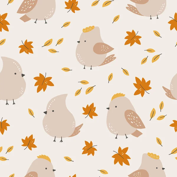 Modèle Sans Couture Avec Des Oiseaux Mignons Sur Les Feuilles — Image vectorielle