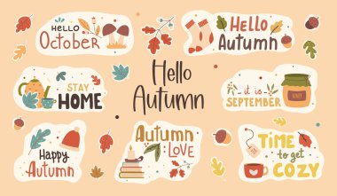 Autumn hand drawn vector sticker set. A set of stickers with a handwritten slogan of the autumn season. Autumn phrases with cozy decorative bunch of design elements. Autumn lettering collection