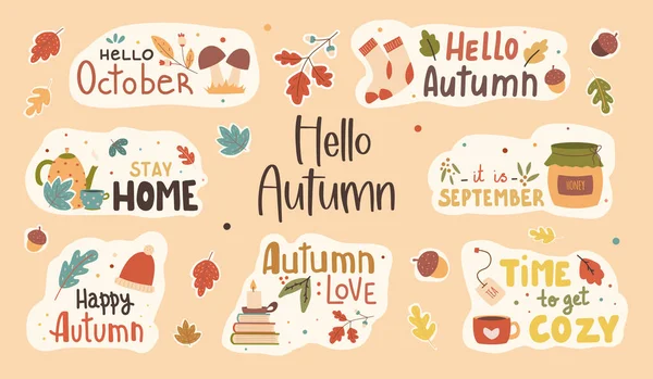 Autumn hand drawn vector sticker set. A set of stickers with a handwritten slogan of the autumn season. Autumn phrases with cozy decorative bunch of design elements. Autumn lettering collection