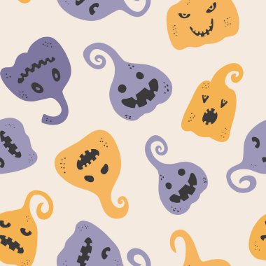 Komik karakterli balkabaklarıyla kusursuz bir tatil. Cadılar Bayramı vektör çizimi. İskandinav tarzında yaratıcı çocuksu bir doku. Kumaş ve tekstil için harika..