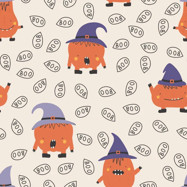 Holiday Seamless Pattern Funny Characters Pumpkins Halloween Vector Illustration Creative — Archivo Imágenes Vectoriales