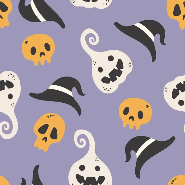 Holiday Seamless Pattern Funny Characters Pumpkins Skull Halloween Vector Illustration — Vetor de Stock