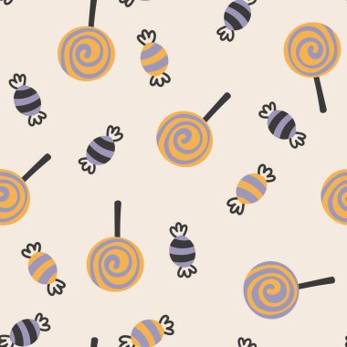 Happy Halloween cute vector seamless pattern with sweets and lollipops. Creative childish texture in scandinavian style. Great for fabric, textile Vector Illustration.