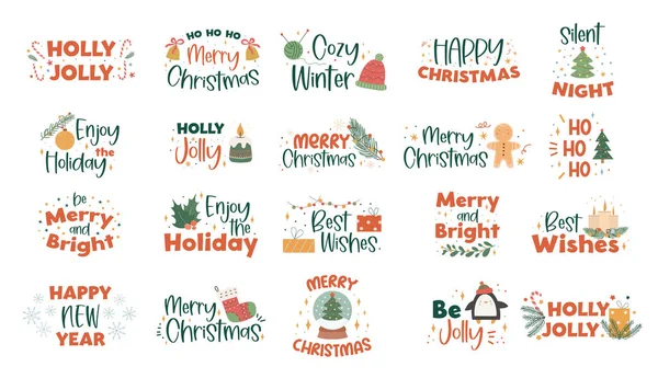 Collection Christmas Handwritten Lettering Hand Drawn Holiday Decorations Holly Leaves — Stockvector