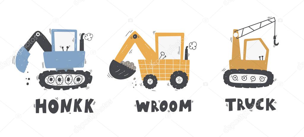 Cute childrens set trucks and diggers in Scandinavian style on a white background. Building equipment. Funny construction transport.