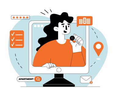 Çevrimiçi Kiralık Daire. Kiralık Emlak Konsepti, Kiralık Ev. Web Tasarımı, İniş Sayfası için Vektör illüstrasyonu.