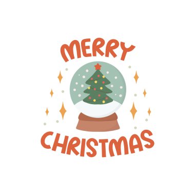 Elle çizilmiş Noel süsleri, yıldızlar, cam top ve Noel ağacı. Şenlikli renkli harfler..