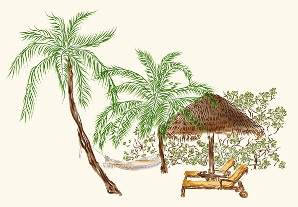 Två solstolar under palmerna med hängmatta — Stockfoto