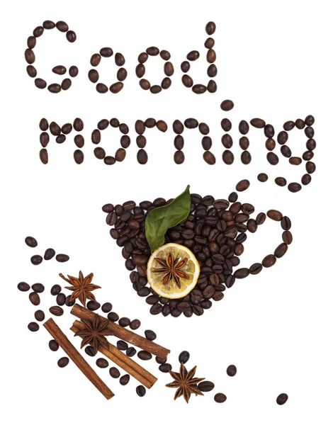 La inscripción "buenos días" de los granos de café — Foto de Stock
