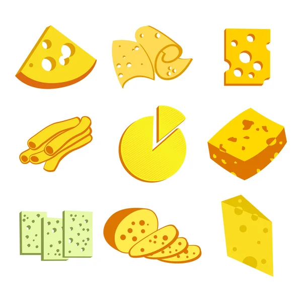 Blocos de queijo inteiros e fatias sortimento doodle ícones de alimentos definir vecto — Vetor de Stock