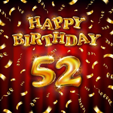 Altın numara 52. Metalik balon. Altın şişirilebilir balondan yapılmış doğum günü mesajın kutlu olsun. Kırmızı arkaplanda 52 numara var. Konfetiyle altın kurdeleler uçur. vektör illüstrasyon sanatı