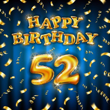 Altın numara 52. Metalik balon. Altın şişirilebilir balondan yapılmış doğum günü mesajın kutlu olsun. Mavi arka planda 52 numara var. Konfetiyle altın kurdeleler uçur. vektör illüstrasyon sanatı