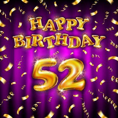 Altın numara 52. Metalik balon. Altın şişirilebilir balondan yapılmış doğum günü mesajın kutlu olsun. Pembe arka planda 52 numara var. Konfetiyle altın kurdeleler uçur. vektör illüstrasyon sanatı