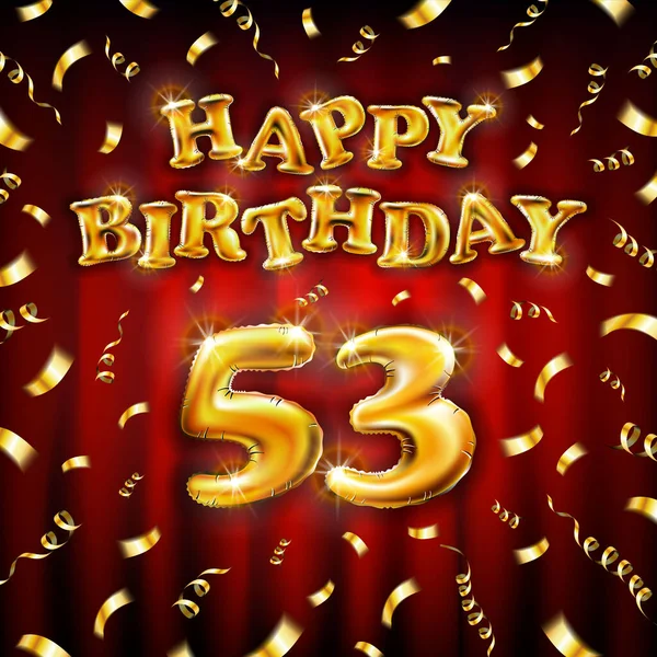 Goldene Zahl 53 Jahre Luftballon. Happy Birthday Nachricht aus goldenem aufblasbarem Ballon. 53 Ziffern auf rotem Hintergrund. fliegen Goldbänder mit Konfetti. Vektorillustration — Stockvektor