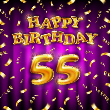 Altın numara 55. Metalik balon. Altın şişirilebilir balondan yapılmış doğum günü mesajın kutlu olsun. Pembe arka planda 55 numara var. Konfetiyle altın kurdeleler uçur. vektör illüstrasyonu