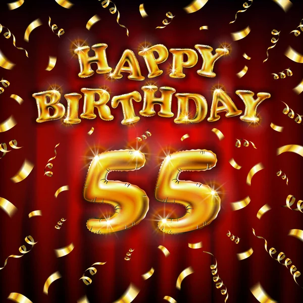 Χρυσός αριθμός 55 χρόνια μεταλλικό μπαλόνι. Happy Birthday μήνυμα από χρυσό φουσκωτό μπαλόνι. 55 αριθμομηχανές σε κόκκινο φόντο. φέρουν χρυσές κορδέλες με κομφετί. εικονογράφηση διανύσματος — Διανυσματικό Αρχείο