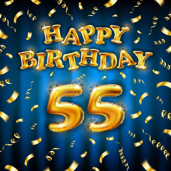 金号55年金属气球.祝你生日快乐，金黄色的充气气球。蓝色背景上有55个数码蚀刻器用五彩纸屑放飞金丝带。矢量说明 — 图库矢量图片