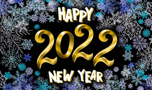 Gelukkig nieuwjaar 2022 achtergrond. Gouden glanzende nummers met confetti en linten op zwarte achtergrond. Vakantie wenskaart ontwerp. kunst — Stockvector