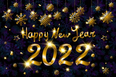 2022 Yeni Yıl tabelası, tebrikler. Güzel karlı zemin. Konfetiyle altın kurdeleler uçur. Altın parmaklı yaratıcı Noel dekorasyonu. Kar Tanesi Vektörü illüstrasyonu.