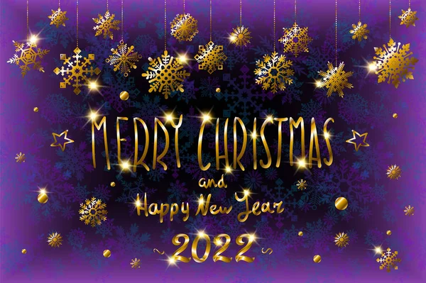 Golden Merry Christmas y Happy New Year 2022 letras para invitación y tarjeta de felicitación, impresiones y carteles. fondo de nieve. Copo de nieve Vector ilustración. — Vector de stock