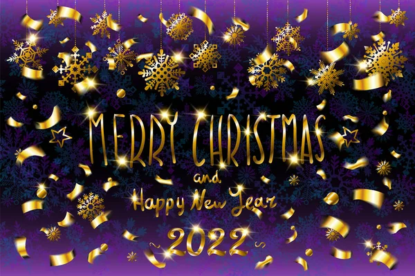 Golden Merry Christmas y Happy New Year 2022 letras para invitación y tarjeta de felicitación, impresiones y carteles. fondo de nieve. mosca cintas de oro con confeti. Copo de nieve Vector ilustración. — Vector de stock