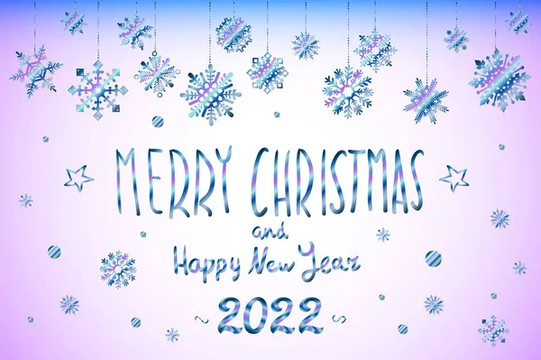 Feliz Natal tipografia metálica, caligrafia Feliz Ano Novo 2022. neve fundo. Elementos de design decorativo. Comemore o partido Cartaz, banner, cartão de saudação. Floco de neve ilustração vetorial. — Vetor de Stock