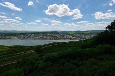 Güneşin güzel bir günde vadiyi aydınlattığı yürüyüş parkurundan Almanya 'nın Bingen am Rhein manzarası