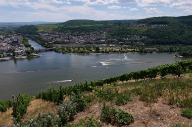 Güneşin güzel bir günde vadiyi aydınlattığı yürüyüş parkurundan Almanya 'nın Bingen am Rhein manzarası