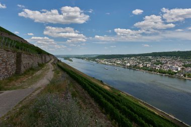 Güneşin güzel bir günde vadiyi aydınlattığı yürüyüş parkurundan Almanya 'nın Bingen am Rhein manzarası