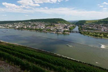 Güneşin güzel bir günde vadiyi aydınlattığı yürüyüş parkurundan Almanya 'nın Bingen am Rhein manzarası