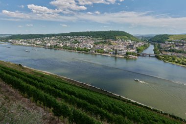 Güneşin güzel bir günde vadiyi aydınlattığı yürüyüş parkurundan Almanya 'nın Bingen am Rhein manzarası