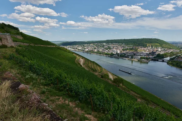 Pohled Bingen Rhein Německo Turistické Stezky Jako Slunce Právě Osvětluje — Stock fotografie