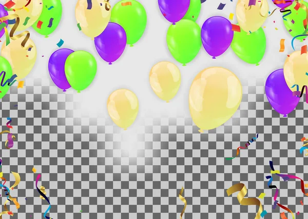 Renkli balonlar yeşil ve mor. Üçgen parti bayrakları, konfeti ve kağıt şeritlerle. Mesajınız için yer. Tasarım